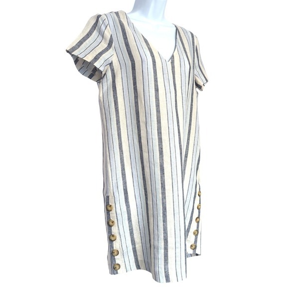 Madewell Linen Side-Button Easy Dress Womens Size Xs Blue Spring Sailor Stripe